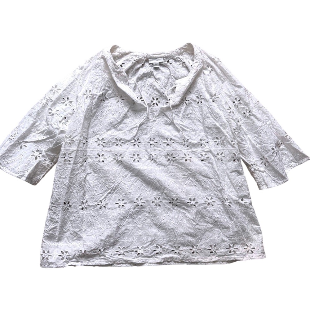 J. Jill White Open Eyelet Embroidered Tunic Blouse Top Womens Size‎ L